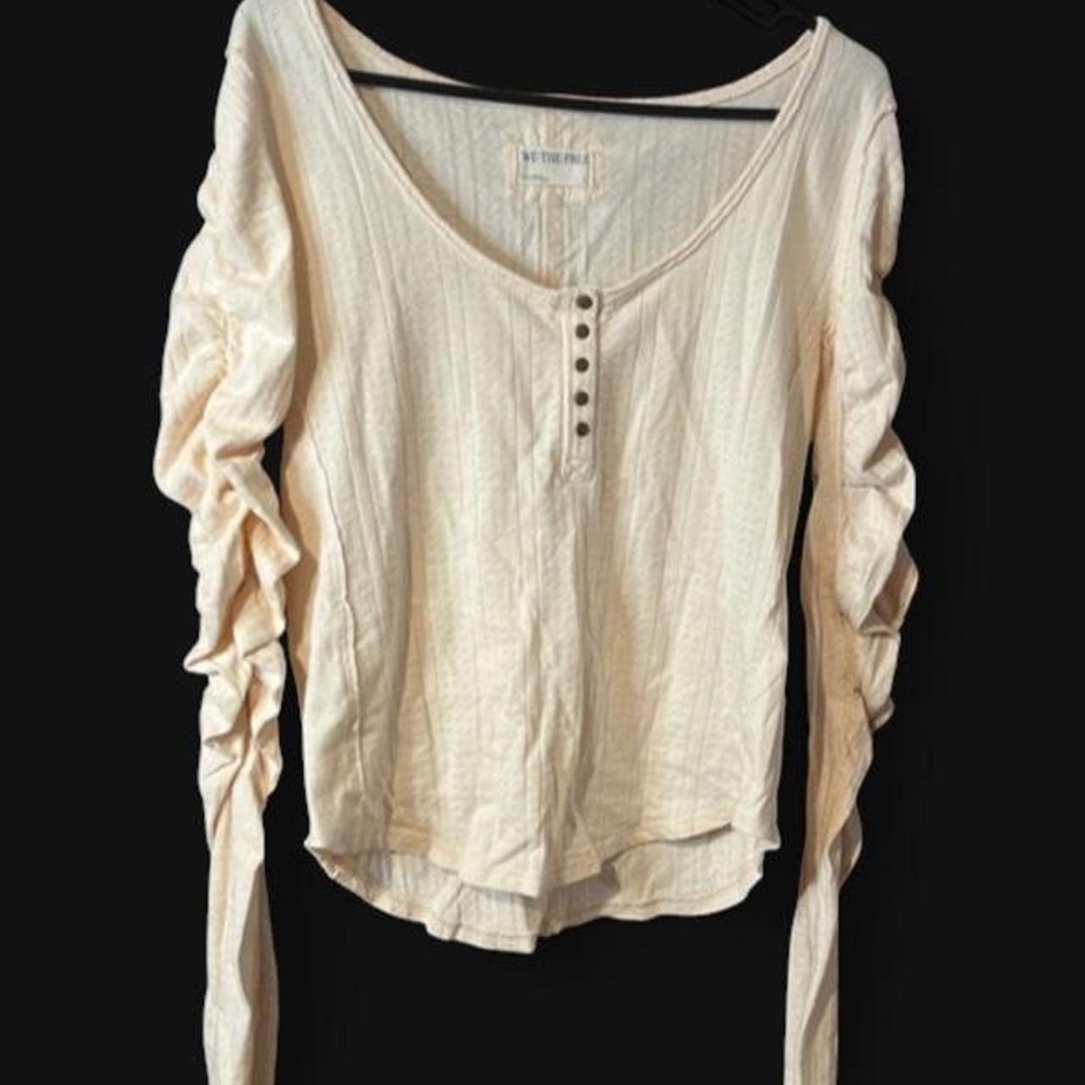 Free People We The Free Hope Pointelle Ruched Sleeve Henley Top Cream Peach L